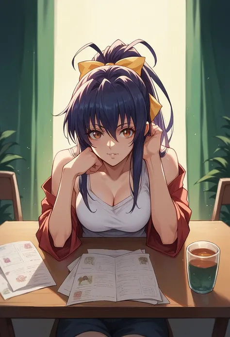 1 girl, Akeno Himejima from Highschool DXD, sitting at a table, leaning forward, casual outfit, POV, night