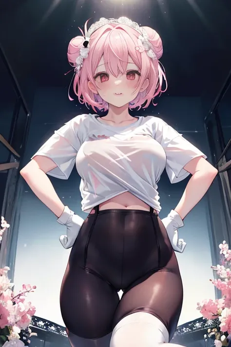 tmasterpiece、Need、1 female student、White cloth bun bun bun、The chest is large、chubbiness、ssmile、Black suspender tights、lace leggings、pale pink lip、posing at school，（drenched all over the body），legs are open， 独奏, looking at viewert,  (Thigh thick:1.0),Yazaw...