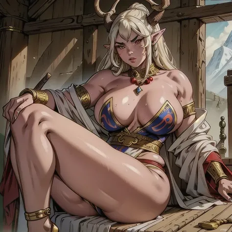 (comely) Asian (((oni female))) warrior, sitting featuring legs spread, dressing (Quimono curto featuring estampa de tigre), featuring ((curvy and thick mature body)) Yet ((muscular)), large size body, long, voluminous white hair blown by the wind, (2 long...