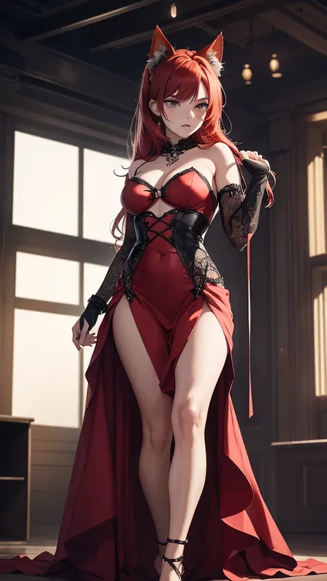 A girl with red cat ears, red hair in ponytail, wearing red strapless dress, legs and feet exposed, full body, arms half open, wrists handcuffed and chained to steel collar around neck, in high-class ballroom, men in suits and audience in background, red g...