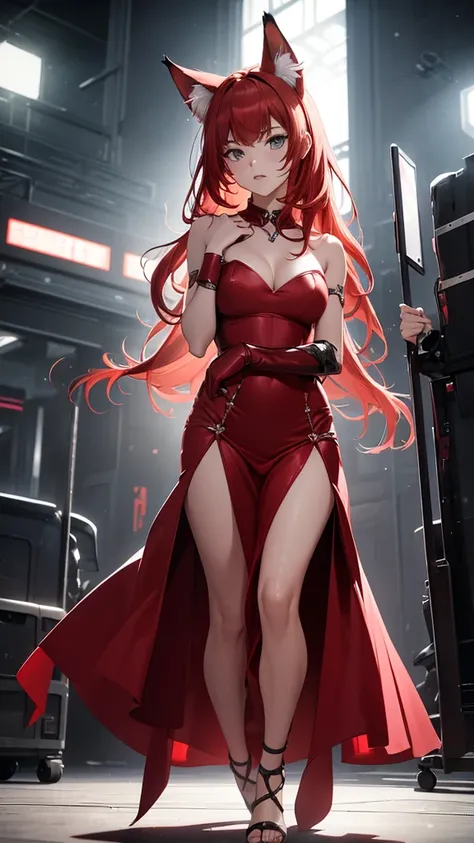 A girl with red cat ears, red hair in ponytail, wearing red strapless dress, legs and feet exposed, full body, arms half open, wrists handcuffed and chained to steel collar around neck, in high-class ballroom, men in suits and audience in background, red g...