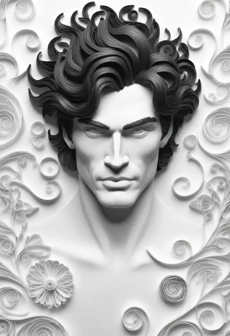 The art of paper quilling in this black and white image, a man stands in the center with a confident and calm expression on his face.. his hair is disheveled.