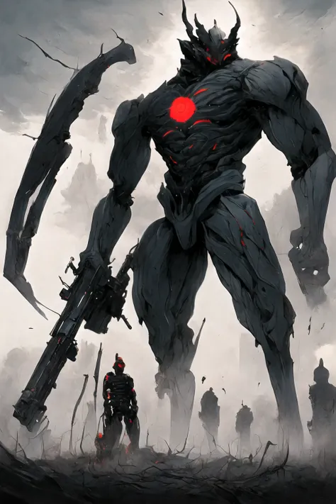 (((Highest quality)))(((Best Image)))外見は黒いfog,Wear shiny armor,Modern Battle Suit(((Appearance)))The shape is humanoid,Wearing armour(((Features)))Eyes glowing red,The shape is made of purple glowing matter..Possess modern weapons.Possess modern weapons.((...