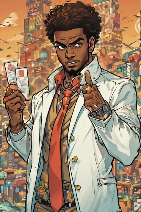 half body image of a man in a white suit and red tie holding a card,. he wears mobster style clothing such as fancy trenchcoat, ...