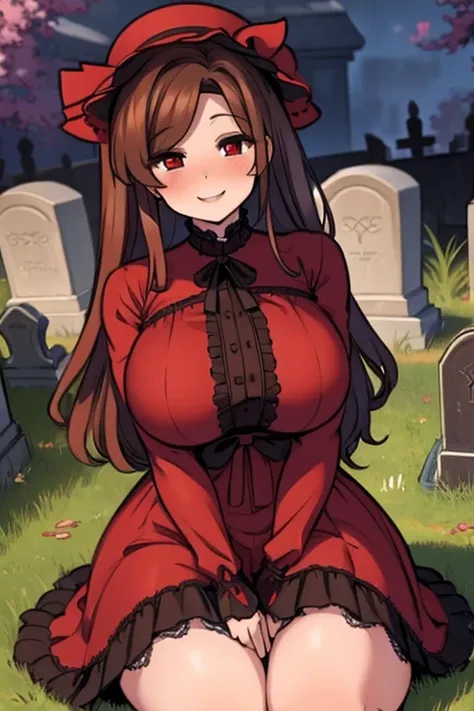 perfect face. Perfect hands. A brown haired woman with red  eyes and an hourglass figure wearing a Gothic Lolita dress is sitting on a tombstone in the cemetery with a big smile