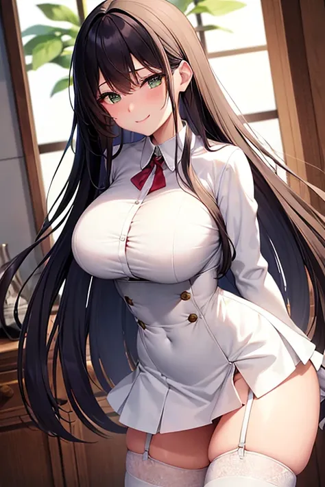 Kizi, Youngh, skin fair, long dark hair, greeneyes, cute smile, Madura, breasts big, white short skirt, skirt necklines,  Broad Hips, big-ass, nice body, longsleeve, garter-ribbons, muslos grandes, seducing gaze, one hand on the face