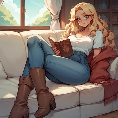 Beautiful woman 25 years old, not very high, long curly light blonde hair, Thin waist, big tits, well-shaped and large hips. She wears a top and jeans and long boots, sitting on her sofa, she is worried reading some files, House