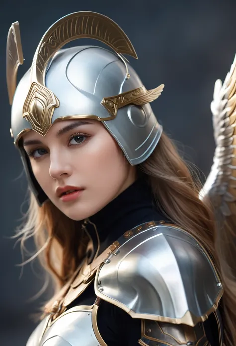 (l1vvydunne:.95), Top view of a young and beautiful Valkyrie woman，Style similar to Stefan Kostic, Realistic skin texture,(Winged Helmet:1.1), (Valkyrie armor:1.2), 1 / 2 Body cutting, 8 5mm art lens, 1. 2, Clear focus, 8K HD, Extremely detailed, complex, ...