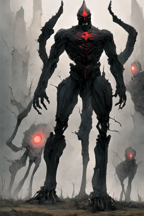 (((Highest quality)))(((Best Image)))外見は黒いfog,Wear shiny armor,Modern Battle Suits(((Appearance)))The shape is humanoid,Wearing armour(((Features)))Eyes glowing red,The shape is made of purple glowing matter..Possess modern weapons.(((male)))The skeleton i...