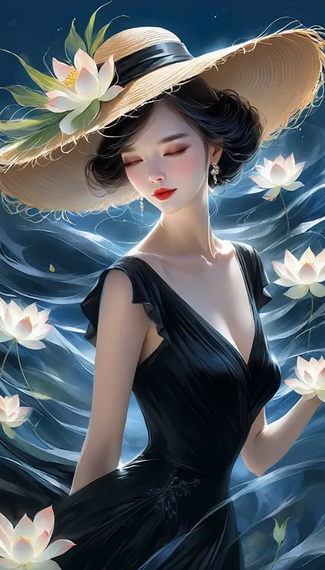 a woman in a black and white dress and hat, a character portrait by Yang J, trending on cg society, digital art, digital art of an elegant, wearing black dress and hat, exquisite digital illustration, elegant digital painting, black and white colors, with ...