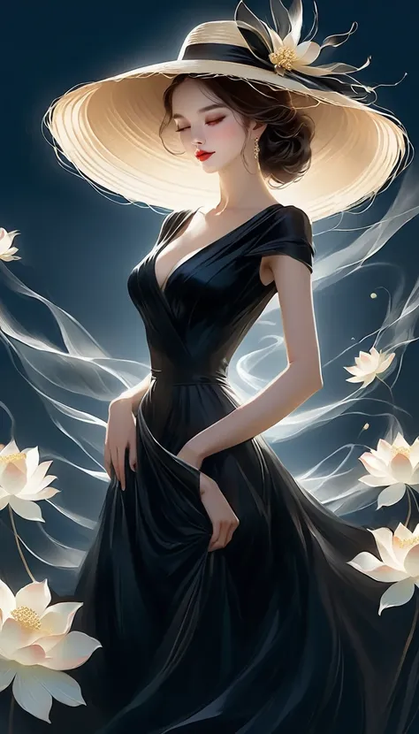 a woman in a black and white dress and hat, a character portrait by Yang J, trending on cg society, digital art, digital art of an elegant, wearing black dress and hat, exquisite digital illustration, elegant digital painting, black and white colors, with ...