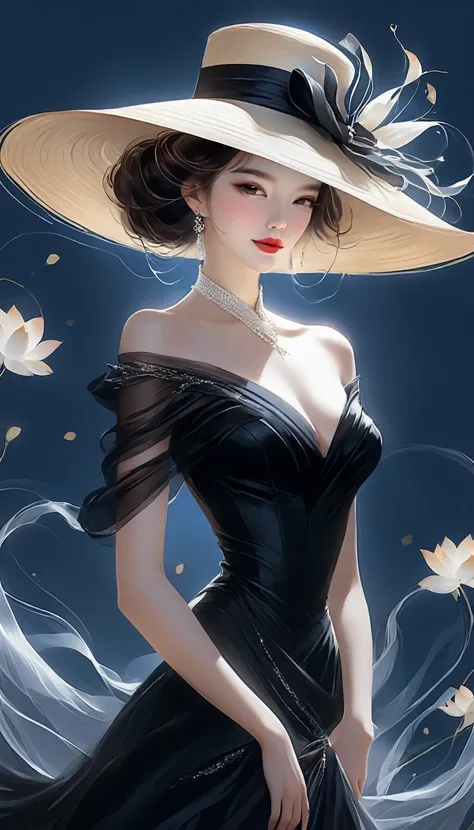 a woman in a black and white dress and hat, a character portrait by Yang J, trending on cg society, digital art, digital art of an elegant, wearing black dress and hat, exquisite digital illustration, elegant digital painting, black and white colors, with ...