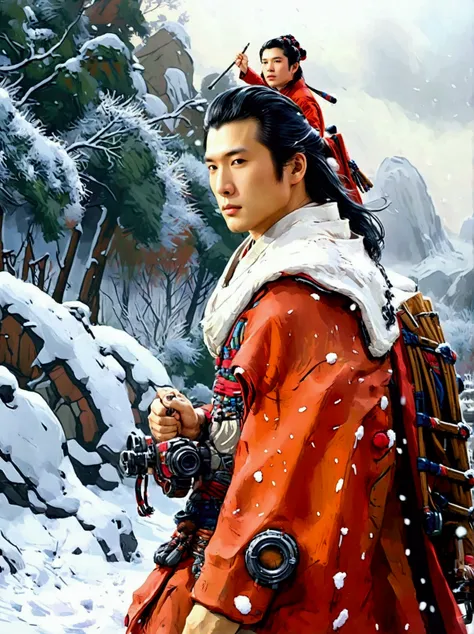 masterpiece，highest quality，exquisite details，chinese style，peerless beauty，delicate，heavy snow，(leading a han-blooded horse:1.9...