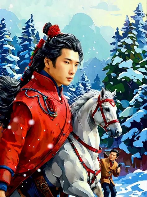 masterpiece，highest quality，exquisite details，chinese style，peerless beauty，delicate，heavy snow，(leading a han-blooded horse:1.9...