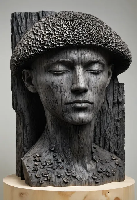 Aron Demetz, Master of Arts，Woodcarving，Portrait charcoal sculpture，Wood texture，Mushrooms growing on the sculpture，Black charcoal