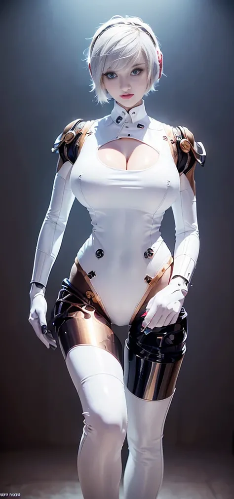 (1GIRL, alone, 独奏), (super detailed face), (Black Long Hair:1.2), (BIG BUTTOCKS, 11 LINE ABS, CLEAVAGE, HUGE FAKE BREASTS:1.5), (MECHA GUARD ARM:1.3), (A girl wearing sexy clothing，scantily clad，Whit cyberpunk sexy maillot，tight clothing，maillot，tight，fitt...