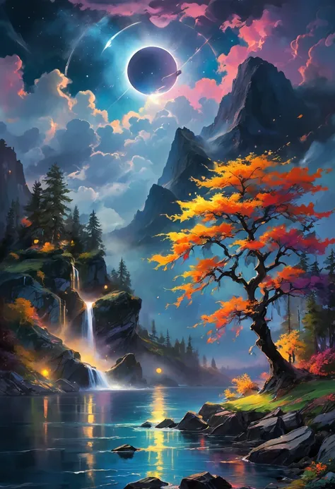 under the eerie glow of a eclipse, a dark and ominous landscape unfolds. a vibrant, colorful tree stands by the edge of a serene...