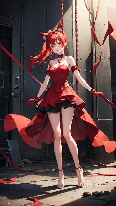 A girl with red cat ears, red hair, ponytail, she is wearing a red strapless dress that leaves her thighs and legs and feet exposed, full body, she has her arms half open, her wrists are handcuffed and chained by a metal chain that connects to a steel coll...