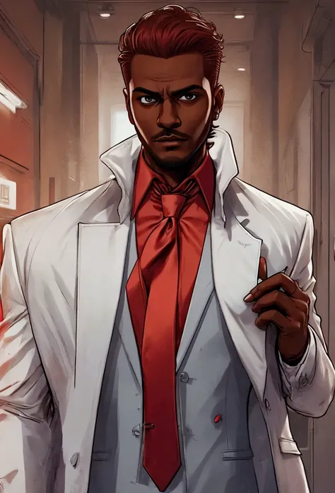 Half body Image of a man in a white suit and red tie holding a card,. He wears mobster style clothing such as fancy trenchcoat, suit jacket with business tie underneath an red vest, smug expression, smirking (((brown:1.3, red:1.3,black:1.2, white:1.2))), s...