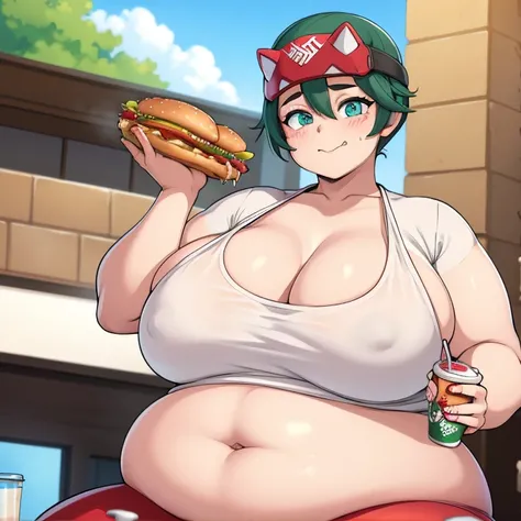 Fat girl With green short  hair with a big belly and breasts, she is very big and fat, sitting while eating junk food. She is surrounded by hamburgers, French fries, and soft drinks, with a satisfied expression on his face. With a big belly and a round fac...