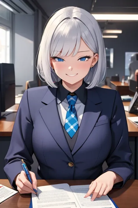 A woman, silver bob hair, blue eyes, wearing lawer suit, look down the desk, cute grinning expression, extremely detailed and realistic, masterpiece quality, ultra-detailed, HDR, studio lighting, vivid colors, physically-based rendering, lawyer, in the off...