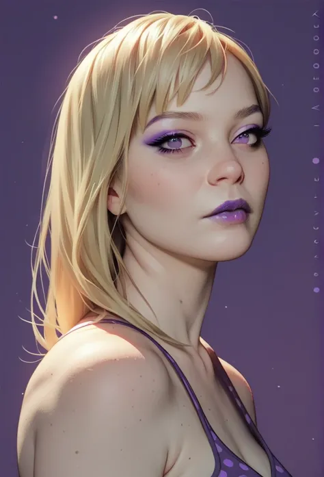 (score_9, score_8_up), score_7_up, zPDXL, beautiful woman, Asian, blonde hair with purple dots, pale skin, purple lipstick, light purple eyes, purple eyeliner, realistic, textures, 8K, perfect hand, perfect anatomy, SFW, Purple background, film grain, cowb...