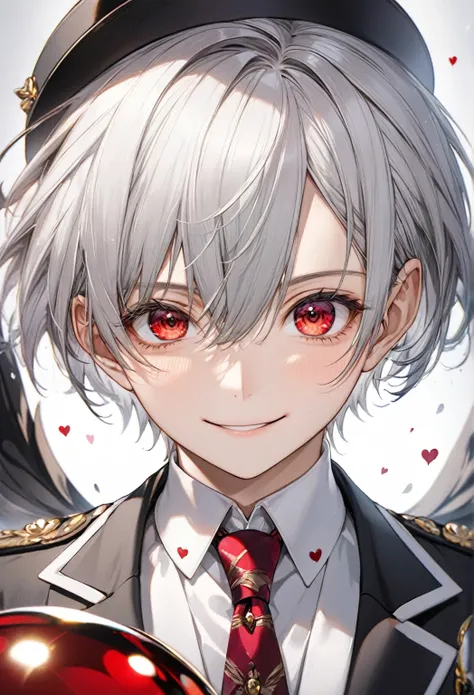 (Close-up face style), (pov, solo:2, 16 yo), (cool crew cut) (cool detailed silver hair, very short hair) (divine fighter boy, beautiful red eyes), (very love smile:1.3), in a butler suit, BREAK, perfect anatomy, masterpiece, best quality, 16k, beautiful d...