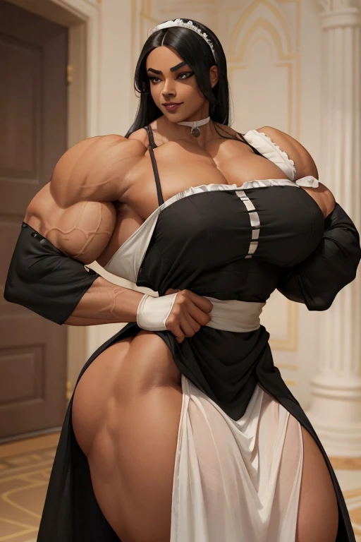 ((Close-up)), tall, (black hair) beautiful muscular woman, long straight hair, light brown skinned, closed smile, (black lipstick), (massive muscles), (hyper muscle), (ginormous bulky muscles), orange eyes, ((beautiful long maid dress)), (maid dress), chok...