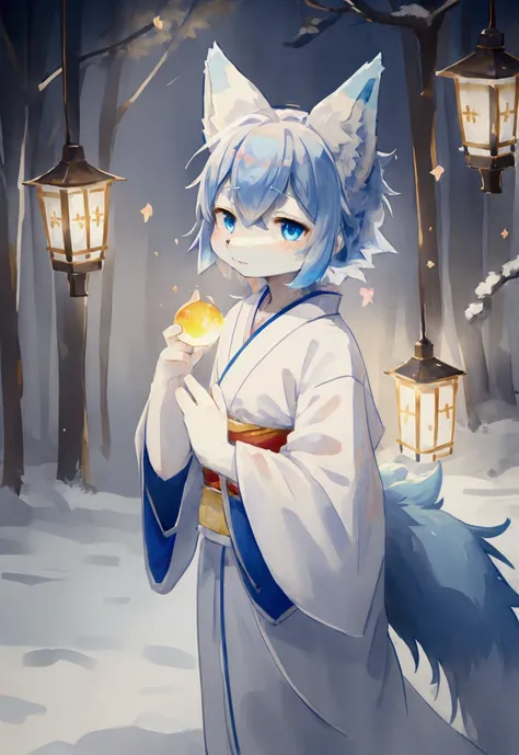 fox Light blue hair 　beast 　indigo fur　fox beast 　fox Light blue hair 　beast 　indigo fur　fox beast 　Wallpaper 4k,8k,highly detailled,,vivid colors,detailed kitsune with 9 tails,traditional Japanese artwork,tatami floor,beautiful cherry blossoms,floating la...