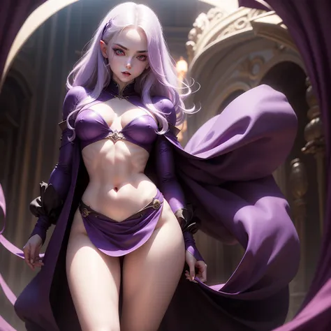 beautiful vampire girl, very pale skin, bright purple eyes, perfect abs, perfect small breasts, Waist slender, voluptuous hips, fancy, film grain, ultra HD, work of art, anatomically correcte, super detaill, best qualityer