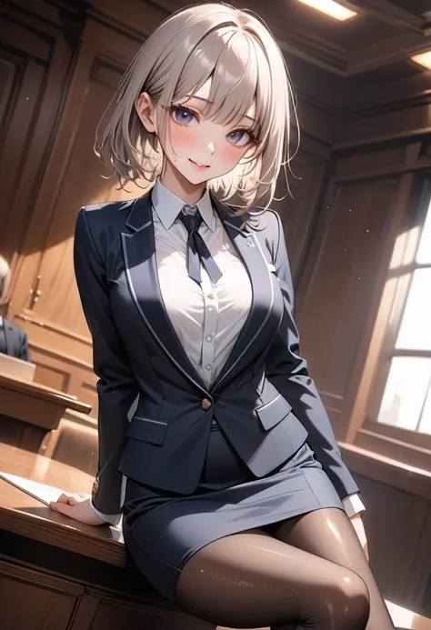 (((Female lawyer, formal suit skirt, pencil skirt a black, pantyhose, white blouse,  jacket, (Shiny Costumes)))), skinny, solo, 1 woman, Masterpiece, highest quality, highest quality, 16K, incredibly absurd, highly detailed, 2.5D, ai-generated, delicate an...