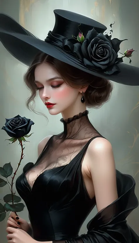 arafed woman in a black dress and hat with a black rose, a digital painting by Marie Bashkirtseff, trending on cg society, gothic art, elegant lady, digital art of an elegant, elegant digital painting, elegant woman, elegant girl, wearing black dress and h...