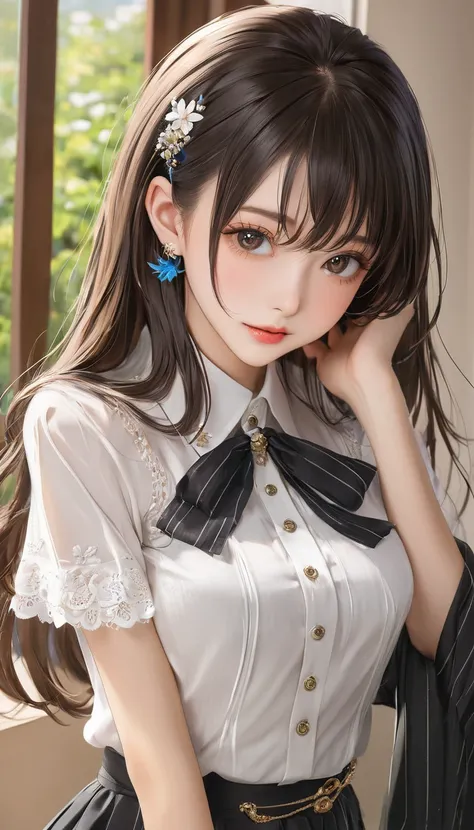 (masterpiece, Highest quality:1.2), One girl, alone,bony body、15 years old、Earrings、(one hand on hip:1.3) , master piece , best quality , highly detailed , woman , blouse , (matured female)