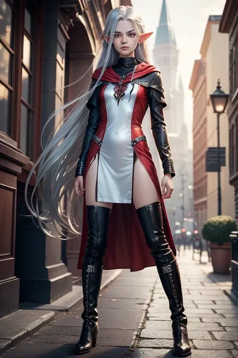 elf man, rascal dress, very long straight silver hair, silver eyes, very androgynous, with red hood. Age 25 years, high. black boots