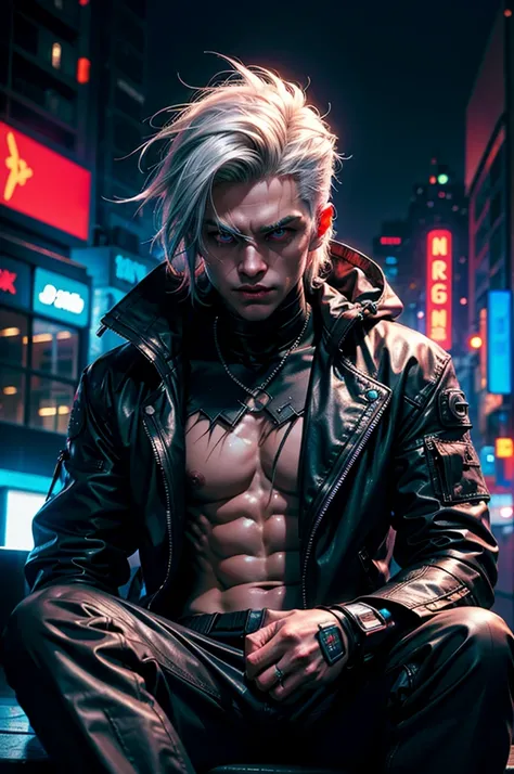 "dark theme :: closeup face focus, ultra realistic futuristic cyberpunk muscular male white hair sitting :: cyberpunk face (cyber eyes) :: cool cybernetic punk jacket red neon eyes :: shirtless :: natural lighting :: bokeh :: 8k :: best quality :: masterpi...