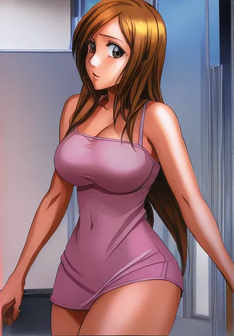 Orihime Inoue, who has big breasts and beautiful legs, stands in a miniskirt that emphasizes her breasts.。