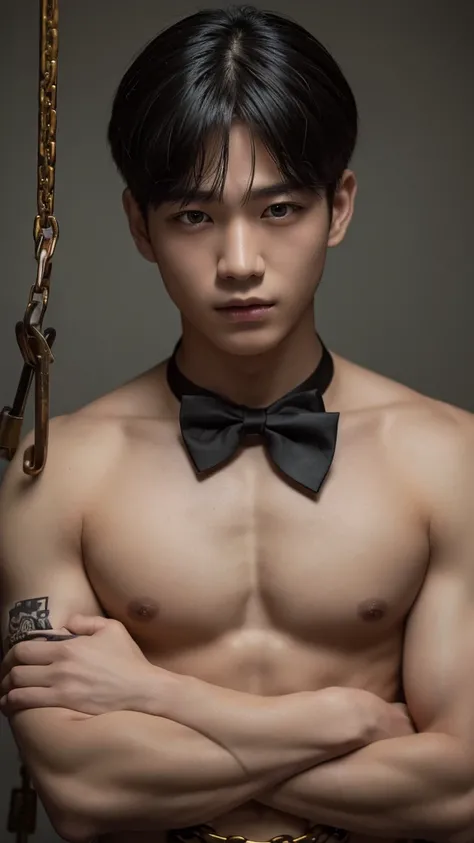 Highest quality, masterpiece, Ultra-high resolution, (Realistic: 1.4), Original photo, wallpaper, Head Photo, skin, Simple Background, iris, detailed, Underground Prison, Male idols,South Korea,Half naked, 18-year-old, Black bow tie, Black trunks,Chained i...