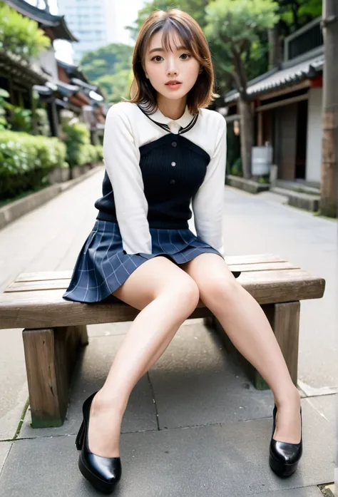 foot、photographed from the front、mini skirt、no underwear、sit on a bench with your legs spread apart、showing the inside of the sk...