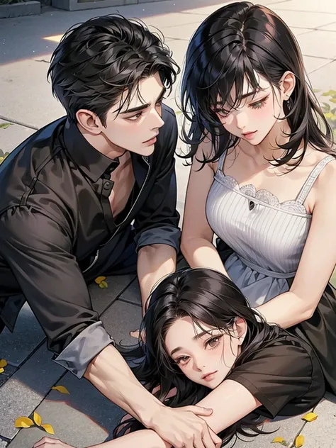 a couple, 1 girl 1 boy, Hair color is different, Medium black hair and brown eyes, Short black hair and gray eyes, Romance, Lie on the ground, a couple、Lip touch, พื้นหลังเรียบๆ