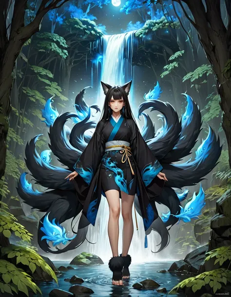 ((full body shot at distance)) , (((1girl))), (realistic fox-girl with black hair and nine tails surrounded by motes of blue fire, looking at a waterfall) , (nine tails with black fur:2.0 ) , (image centered on subject with her tails spread behind her:1.5)...