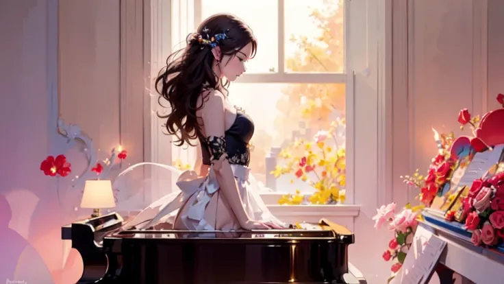 ((best quality)), ((masterpiece)), (detailed), 1girl, piano,
