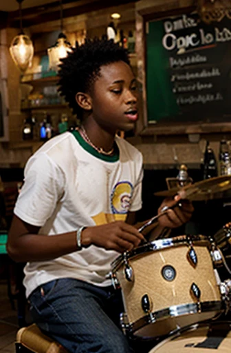 african teen boy playing drums in a bar 