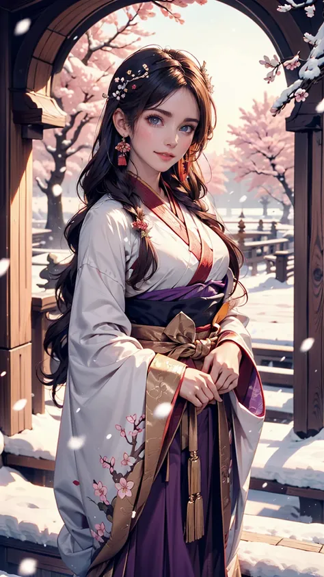 Bright Purple Taoist Robe, Hanfu long skirt, Big eyes, A masterpiece, an absolute beauty, 1 female, close. close, Healing Smile, Snow Scene, 4K quality, Twisted braid, Princess Hairstyle Princess Cut, Simple hair accessories, Plum blossom, people々Once you ...