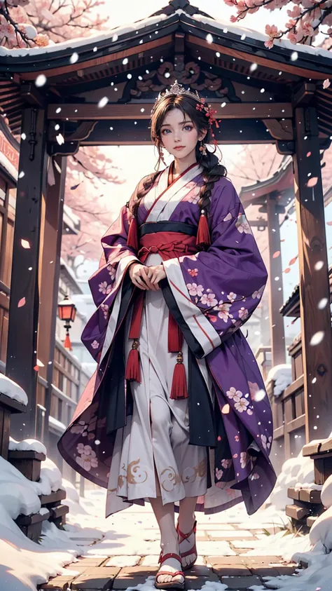 Bright Purple Taoist Robe, Hanfu long skirt, Big eyes, A masterpiece, an absolute beauty, 1 female, close. close, Healing Smile, Snow Scene, 4K quality, Twisted braid, Princess Hairstyle Princess Cut, Simple hair accessories, Plum blossom, people々Once you ...