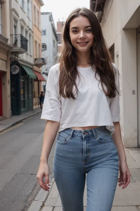 beautiful woman wearing casual clothes,long hair woman,wearing Celine clothes,smile at the camera,wearing jeans,very detailed picture,Very realistic picture