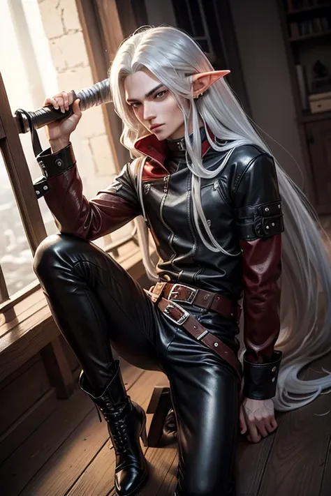 elf man, 25 years old,high, very long straight silver hair, silver eyes, wearing rascal clothes,  very androgynous, with a long red hood, black high boots, black leather pants and brown leather belt. fencing with a sword