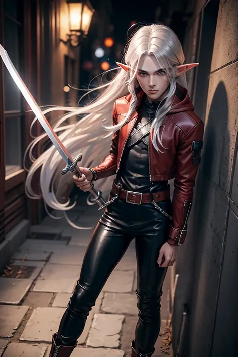 elf man, 25 years old,high, very long straight silver hair, silver eyes, wearing rascal clothes,  very androgynous, with a long red hood, black high boots, black leather pants and brown leather belt. fencing with a sword