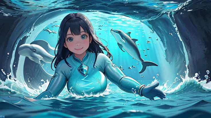 {best quality}, {very aesthetic}, {ultra-detailed}, {8k}, {Super elaborate face}, {Super-smart body}, 　In the water, A woman playing with dolphins on the ocean floor in midsummer, Ocean floor at dusk, smile,