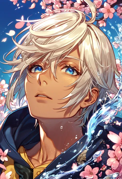 absurdres, highres, ultra detailed, HDR, master piece, best quality, extremely detailed face, delicated features, Soma Schicksal, platinum blond hair, expressive blue eyes, tanned skin, God Eater, solo, sexy man, handsome, dark blue hooded coat, yellow shi...