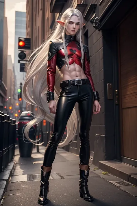 elf man, 25 years old,high, very long straight silver hair, silver eyes, wearing rascal clothes,  very androgynous, with a long red hood, black high boots, black leather pants and brown leather belt.